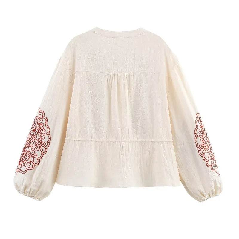 TRAFZR Ruffle Shirt Embroidered Women's Long Sleeve Top Boho Chic Woman Shirts Female Blouse Elegant Oversized Tops 2025 Cotton - AIAZ