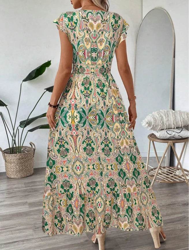 new dresses 2025 woman vestidos para mujer vintage dress Printed V-neck fashion dress Loose ruffle long dresses - AIAZ