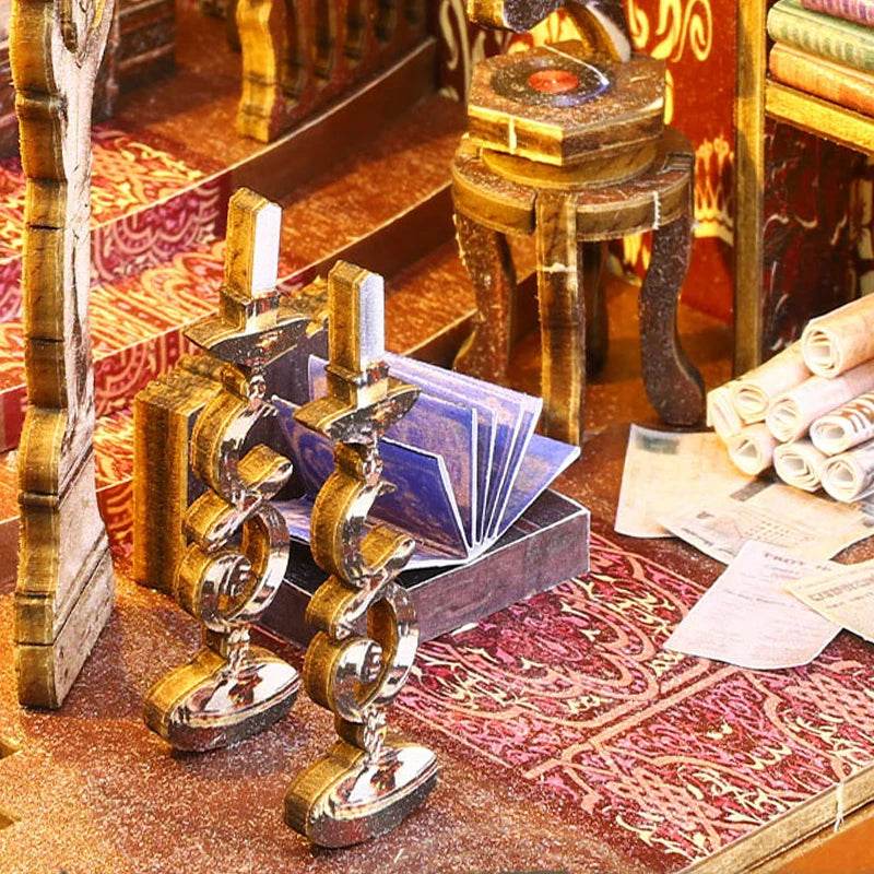 DIY Book Nook Shelf Insert Kit 3D Wooden Puzzle Doll House Assembly Building Model Bookends With Furniture LED Light Xmas Gifts - AIAZ