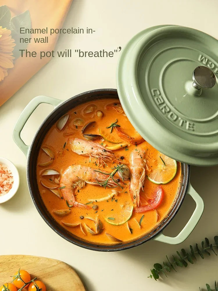 Matcha Green Enamel Cast Iron Pot, Porcelain Inner Wall, 22cm, 24cm Stock Pot, Induction Cooker Compatible, Reliable Pot