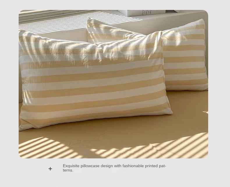 Washed Cotton Double Yarn Crepe Striped Quilt Set 3-4 Pillowcase with Sheet Bedding Cover Supplies 200x230 220x240 Skin Friendly