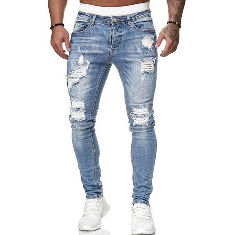 Fashion Street Style Ripped Skinny Jeans Men Vintage wash Solid Denim Trouser Mens Casual Slim fit pencil denim Pants hot sale - AIAZ