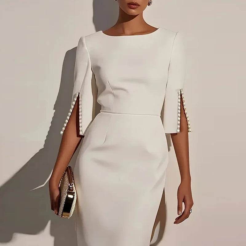 Elegant Women Fashion O-neck Solid Color Commuter Dress Hight Waist Slimming Long Dresses Beaded Split Half Sleeves Party Dress - AIAZ