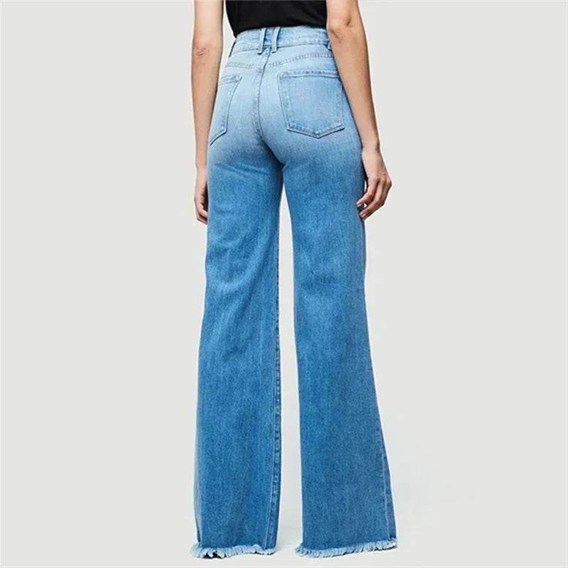 Mid Waist Flared Jeans Women Elegant Commuter Denim Pants Ladies Comfortable Casual Wide Leg Trousers Trend Streetwear Washable - AIAZ