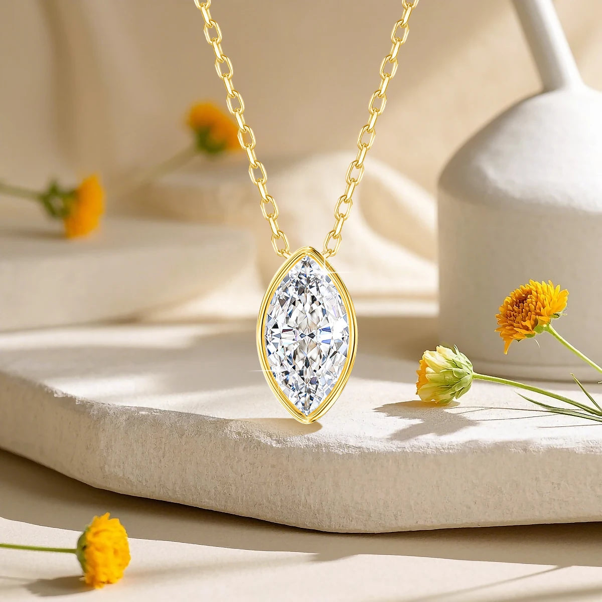100% 14K Gold Marquise Cut Moissanite Pendant Necklace for Women Wedding Solitaire Choker Minimalist Luxury Collarbone Chain
