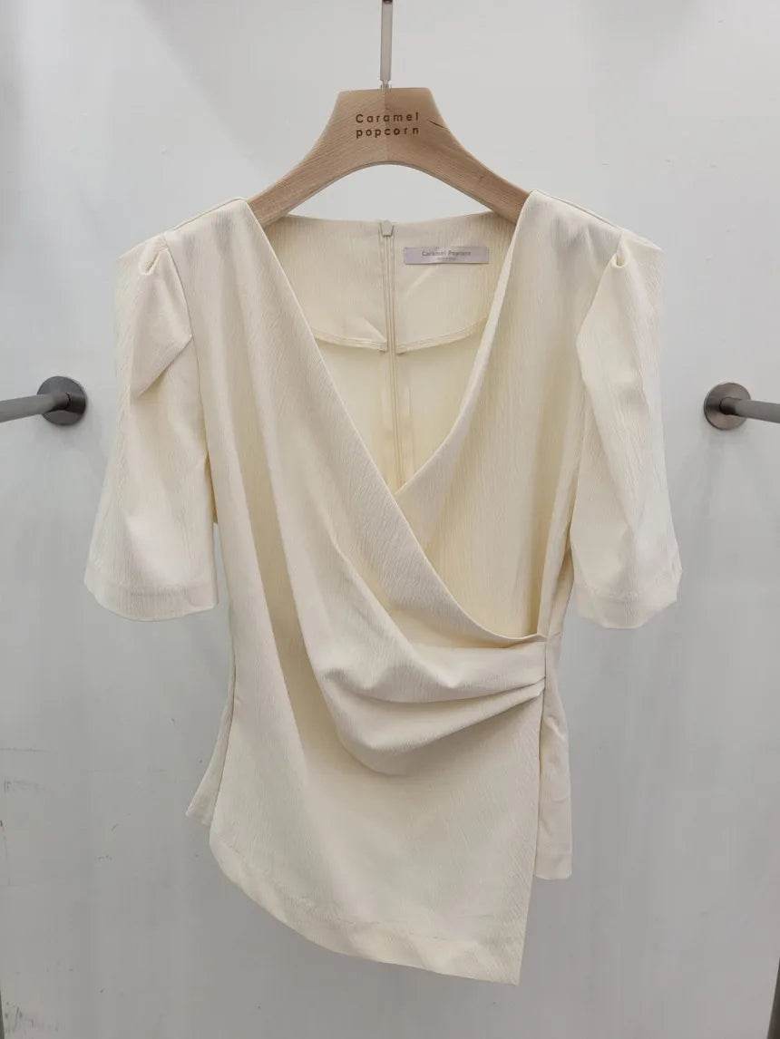 Women Blouse 2025 Spring Summer Solid Tucked V Neck Slim Blouse Elegant Short Sleeve Asymmetrical Top For Women Hot Sale - AIAZ