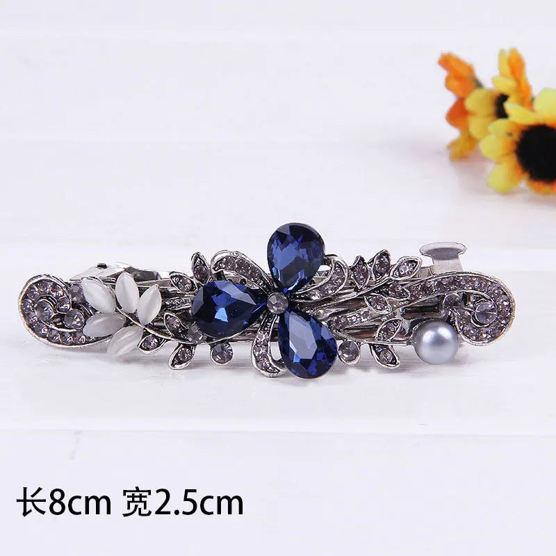 Red Crystal Flower Bow Spring Hairpin Vintage Ink Blue Rhinestone Horizontal Clip Top Clip Elegant Mom Fashion Hairpin Korean