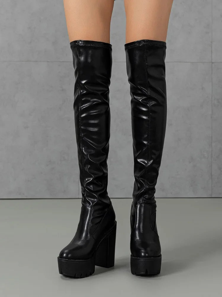 Eilyken Winter Soft Leather Women Over The Knee Boots Fashion Round Toe Square Platform Heels Shoes Sexy Long Booties