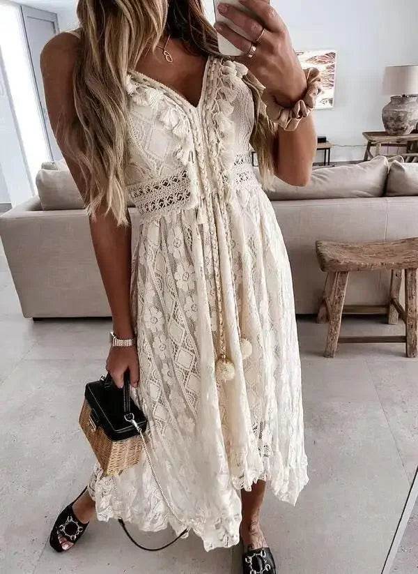 Women's Dress White Hollow Out Cotton Sundress Lace Sleeveless Long Splicing Summer Party Elegant Evening Woman Skirt Clothing - AIAZ