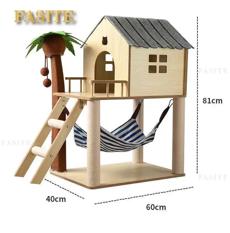 Luxury Cat House Two-Storey Villa Pet Cat Beds Hammock Coconut Tree House Wooden Pet Condos With Stairway Cat Scratching Posts