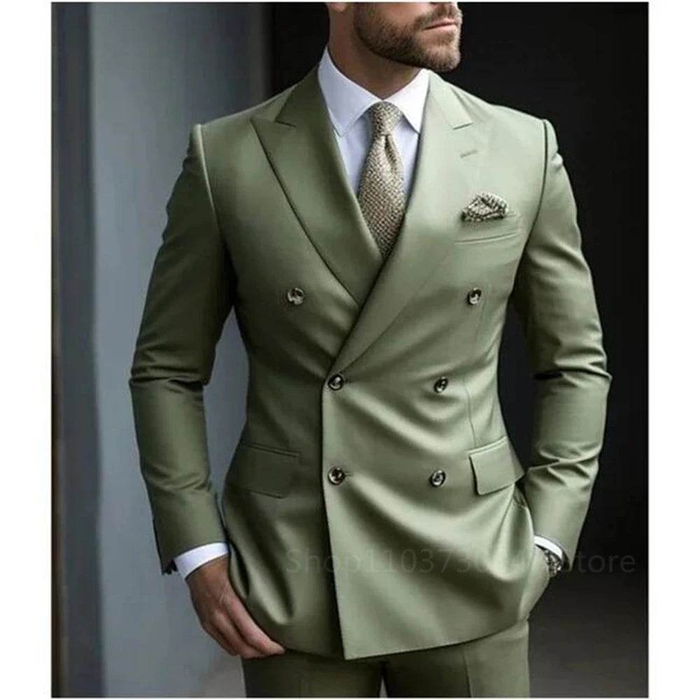 Solid 2 Pieces Men Suits Set Fashion New Men's Formal Business/Wedding Groom Suits Peak Lapel Double Breasted Blazer Trousers - AIAZ