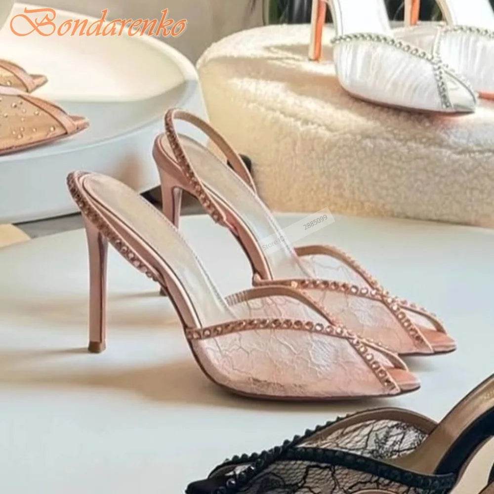 Mesh Crystal Slingback Sandals Peep Toe Shallow Solid Stiletto Heels Sandals Women Sexy Shoes Summer Party Designer Big Size New - AIAZ