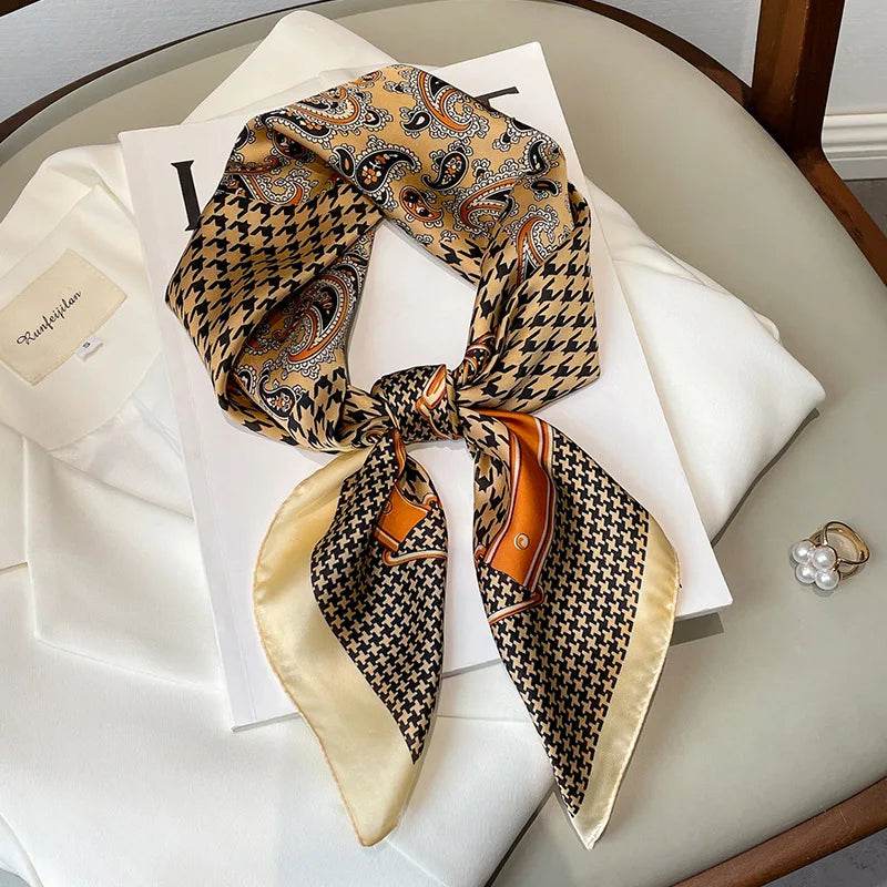 Luxury Chain Print Small Square Scarf Simulated Silk Thin Neck Scarf Fashion Sunscreen Headscarf For Women 70x70cm - AIAZ
