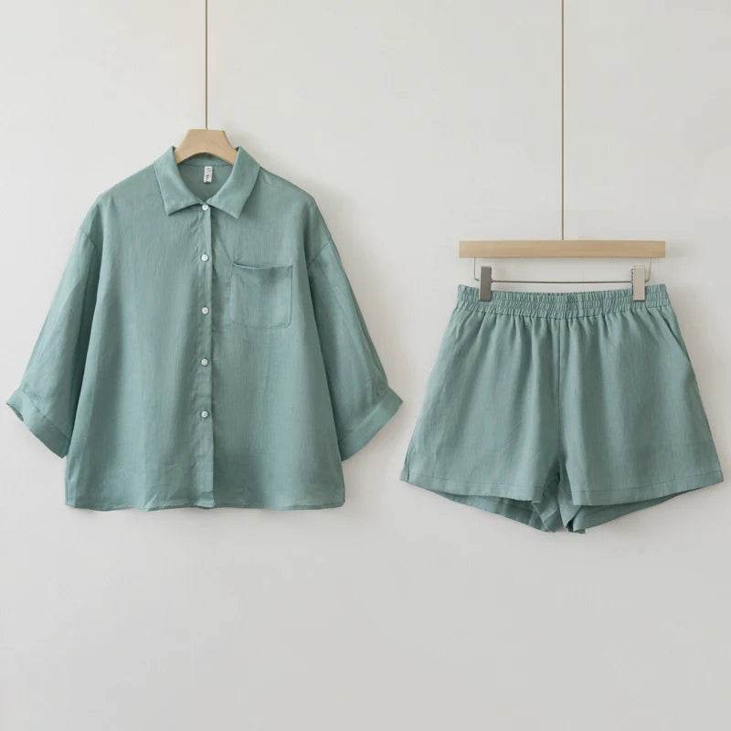 Women 2025 Summer Casual Linen Blouse Shorts Sets - AIAZ
