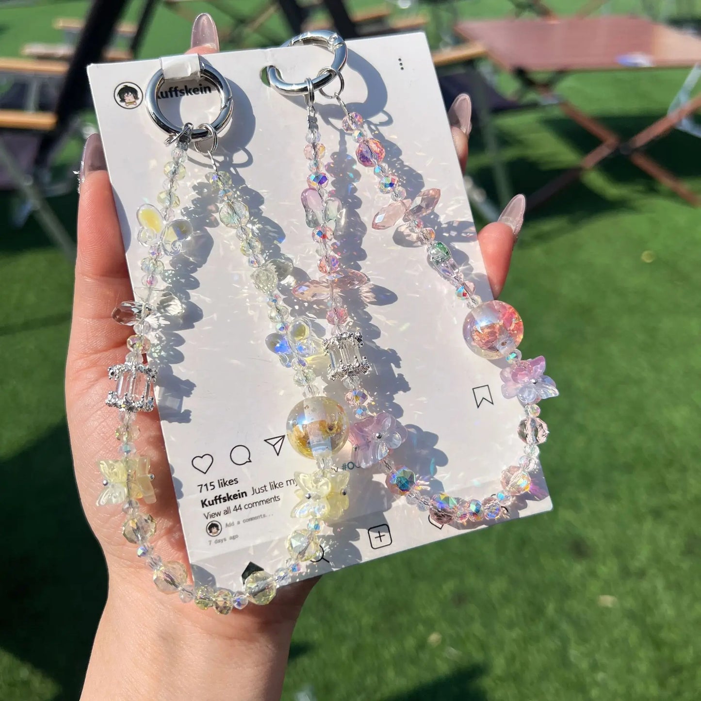 2025New Fashion Crystal Beaded Keychain for Women Phone Lanyard Wrist Strap 3 Colors (Pink/Blue/White) with Butterfly Charm Gift