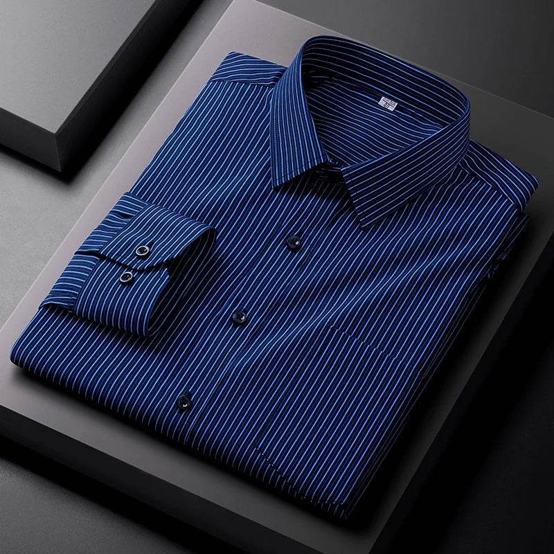 Men Formal Shirt Long Sleeve Office Solid Color Striped Anti-Wrinkle Fashion Business Pocket White Social Pocket Shirt S-4XL - AIAZ