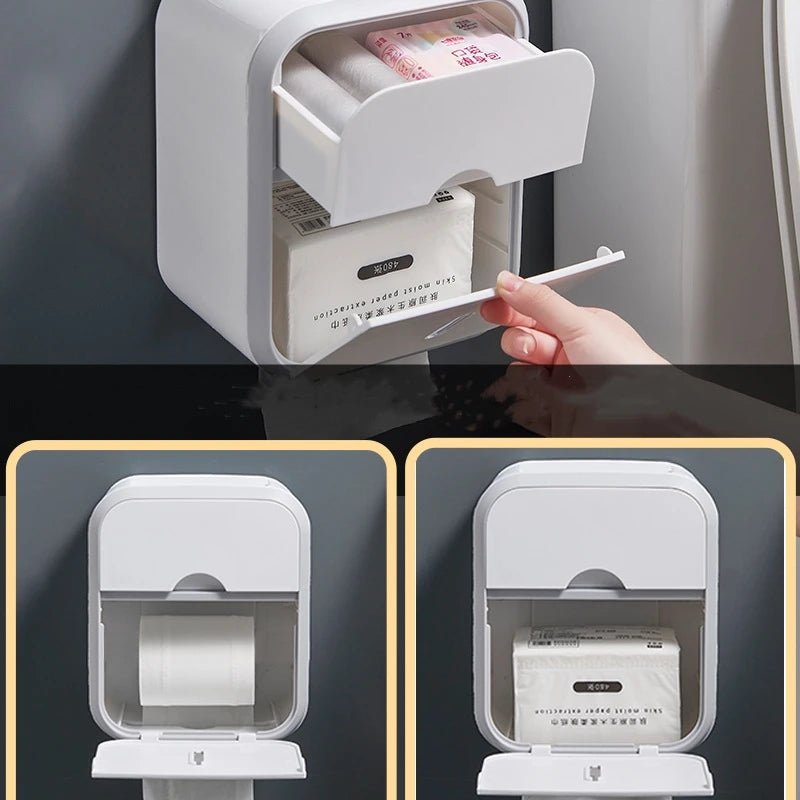 Toilet Paper Holder Box holder Bathroom Rack Waterproof Reel Tissue Storage Box Punch-free Kitchen Bathroom Storage Holder