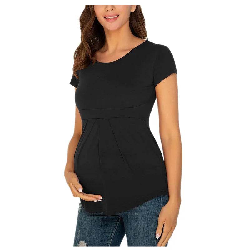 Summer Maternity Tops Women Pregnancy Short Sleeve T-Shirts Casual Tees for Pregnant Elegant Ladies Folds T-Shirt Women Clothes - AIAZ
