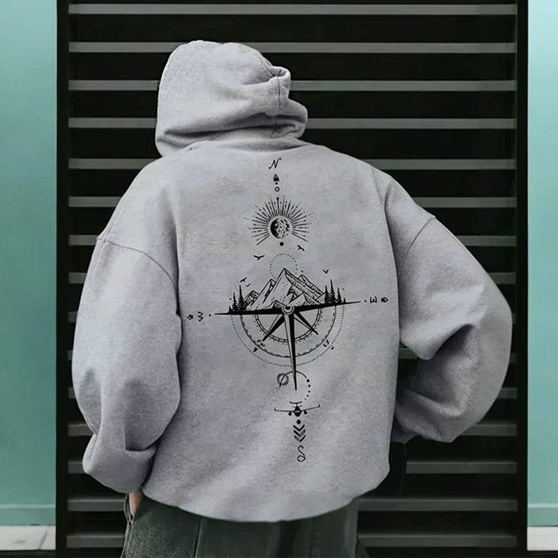 Vintage Compass Print Hoodies for Men High Quality Hooded Long Sleeve Pullover All Season Daily Casual Sports Tops Men's Clothes - AIAZ