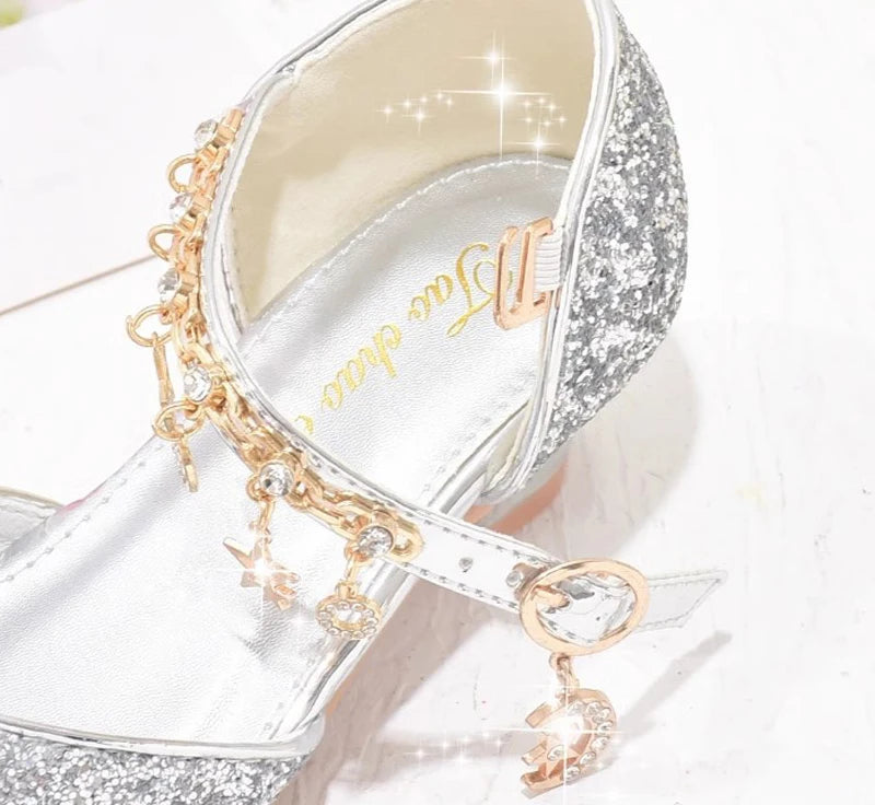 Heeled Dancing Shoes Due To Gold for Girls Glitter Shoes Heels Girls Princess Flowergirl Dresses Golden Girl Child Shoe for Wed