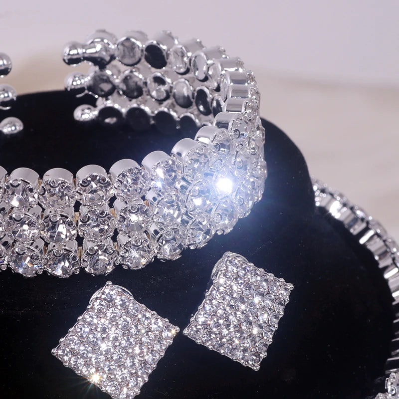 Classic Rhinestone Crystal Choker Necklace Earrings and Bracelet Set for Women Silver Color Bridal Wedding Party Jewelry Sets