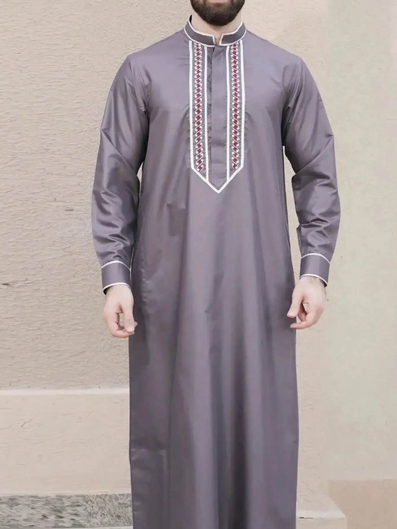 Muslim men's robe long-sleeved ethnic style embroidered stand collar Arabic clothing men's Islamic casual robe - AIAZ