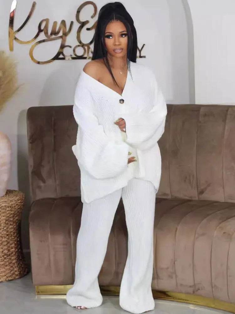 2 Piece Women Sets 2024 Autumn Winter Matching Sets Knitting Two Pieces Sets Sweater Top And Pants Suits Outfits Clothing - AIAZ