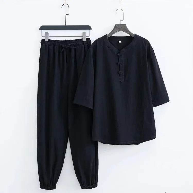 New Men's Cotton Linen Sets Chinese Style Solid Short Sleeve Pants Two Pieces Traditional Clothes Kung Fu Uniform Tang Suit Male - AIAZ