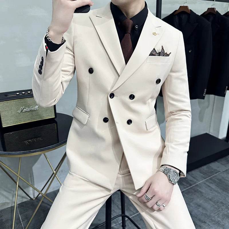 Jackets + Pants / Groom's Wedding Dress Best Fashion Mans Double -breasted Suit Blazer Trousers Male Formal Business Office Suit - AIAZ