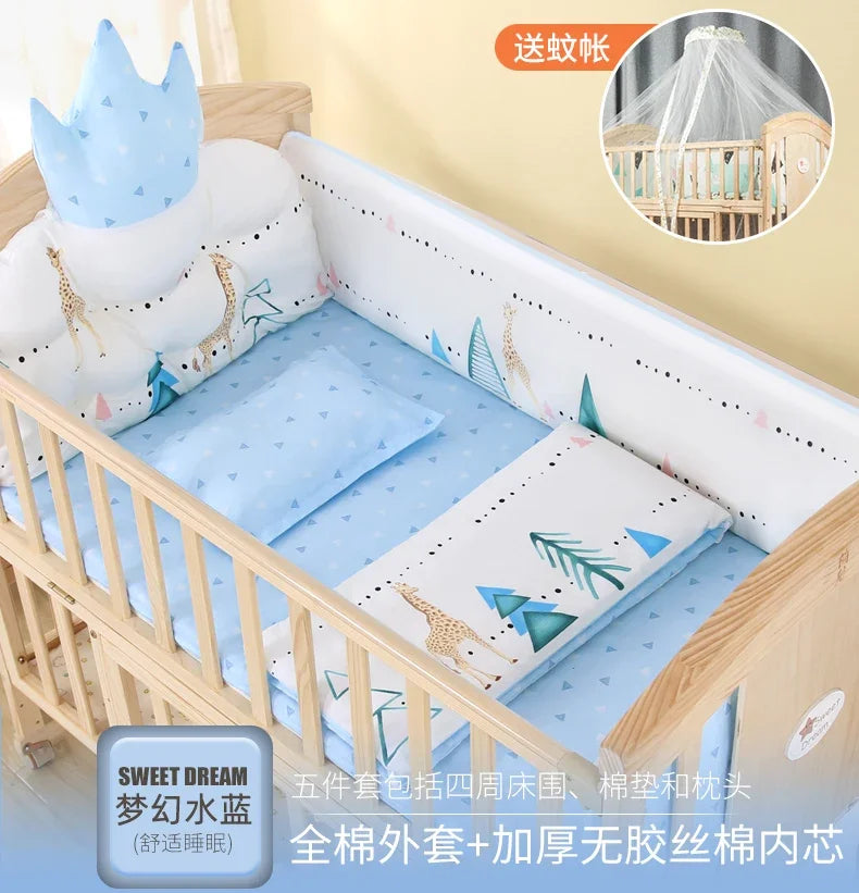 Baby Crib Multifunctional BB Baby Crib Solid Wood Unpainted Cradle Bed Movable Newborn Children Splicing Large Bed