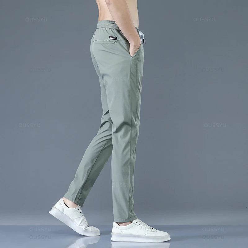 2025 Men's Trousers Spring Summer New Thin Green Solid Color Fashion Pocket Applique Full Length Casual Work Pants Pantalon - AIAZ