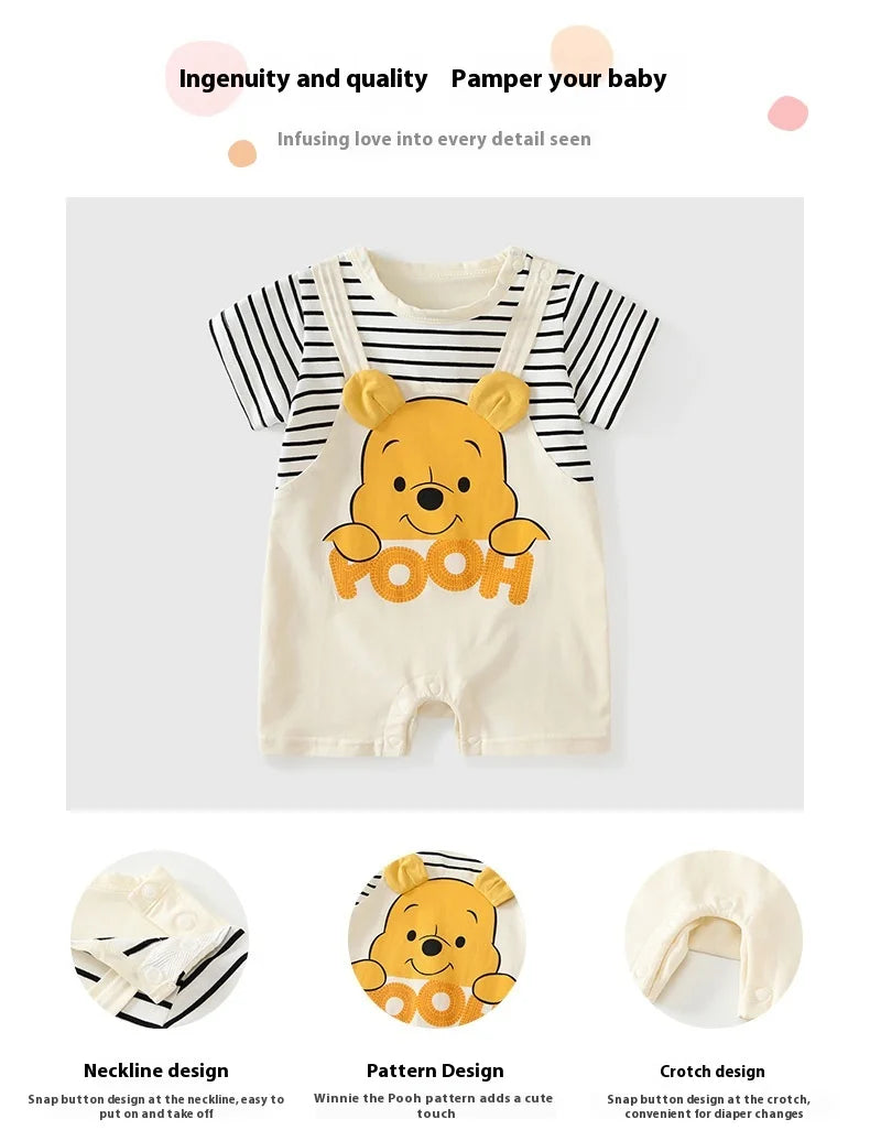 Summer Baby Jumpsuit Cartoon Winnie the Pooh Comfortable Rompers for 0-2 Years Old Boy Girl Stripe Short Sleeve Bodysuits