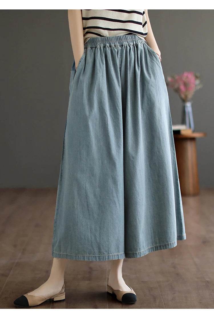 8215 Summer Trendy Wide Leg Jeans Skirts For Women New Design Straight Loose Casual Solid Color Elastic High Waist Denim Pants - AIAZ