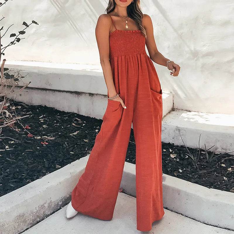 Summer New Suspender Jumpsuit Casual Commuting Women's Clothing Fashion Solid Color Elastic Waist Pocket Wide Leg Jumpsuit - AIAZ