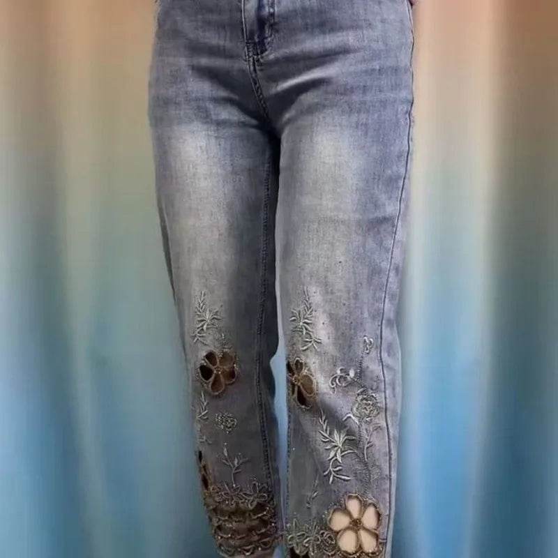 women High end hollowed out embroidered denim eight cigarette tube pants 2025 new summer thin high waist stylish denim tube pant - AIAZ