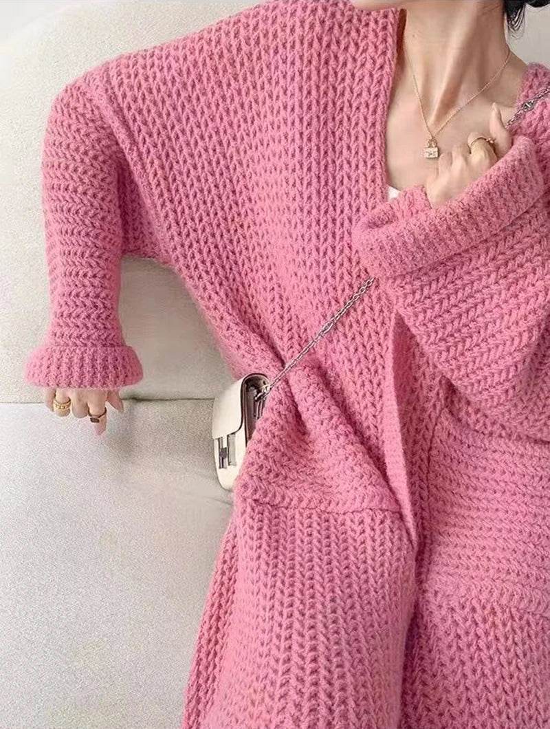 Korean Cardigan Sweater for Women Autumn Winter Loose Lazy Style Female Midi Knit Coats Fashion V Neck Casual Big Pocket Jumpers - AIAZ