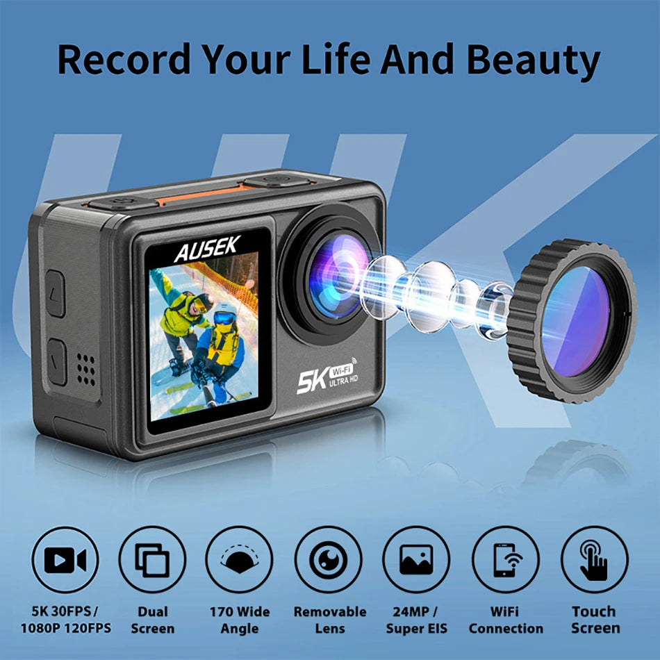 2" IPS Dual Screen Action Camera 5K 30FPS  4K 60FPS 48MP EIS Video With Optional Filter Lens 1080P Webcam Vlog WiFi Sports Cam