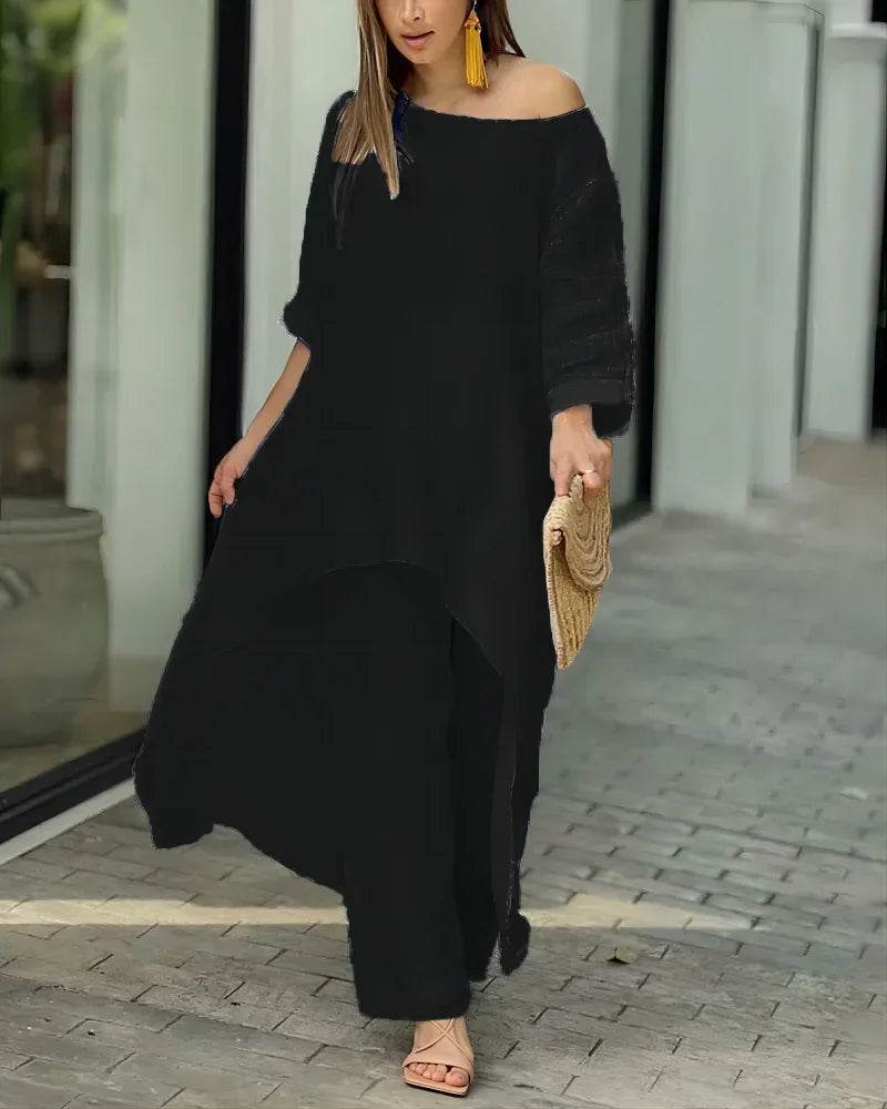 Women's Sets 2 Pcs Sale Casual O-Neck Long Sleeve Asymmetrical Dress& High Elastic Waist Wide Leg Solid Pant Suits Plus Size - AIAZ