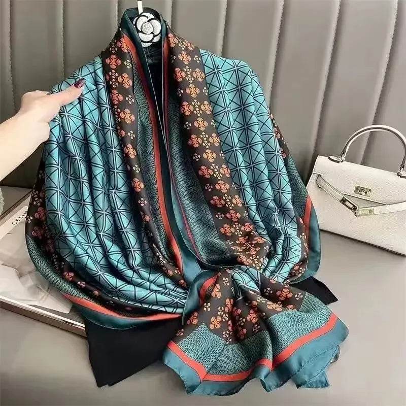 New Summer Women's Silk Scarf Sun Protection Satin Print Extra Long Beach Cover Up Decorative Mom's Shawl Fashionable Accessory - AIAZ