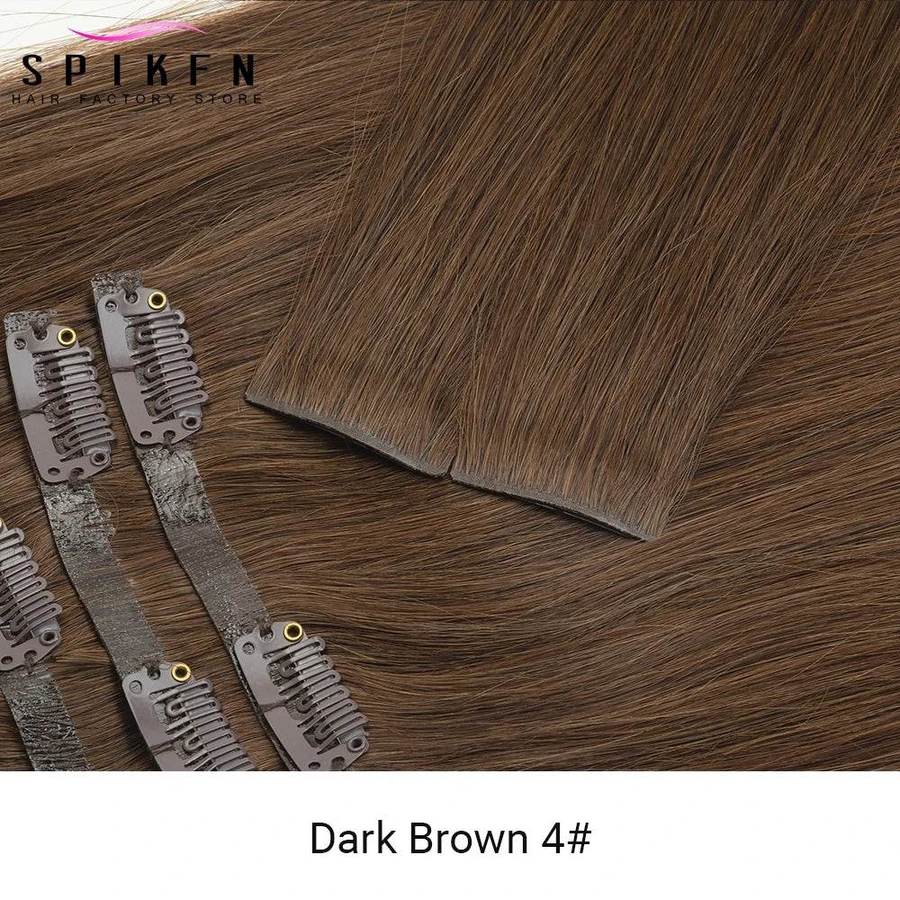 Invisible PU Clip ins Extensions 100-120g 7pcs/set Clip in Human Hair Chocolate Brown Straight Machine Remy Hair Pieces Clip On - AIAZ