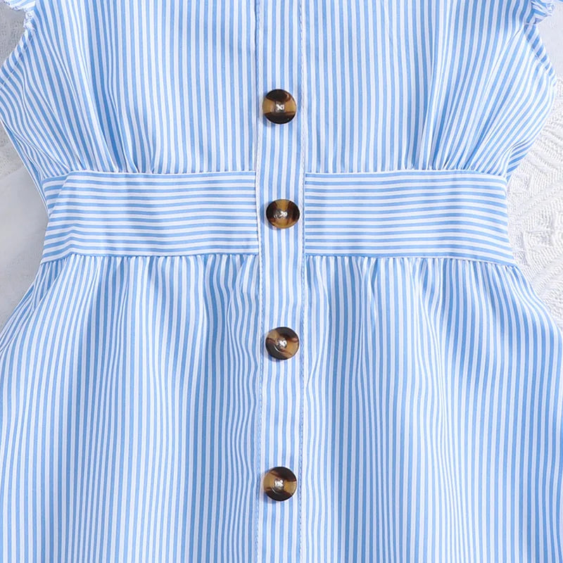 Girl Dress Summer New Light Blue Stripe Ruffled Sleeveless V-Neck Dress Elegant Cute Daily Casual Vacation Preppy Style Outifits