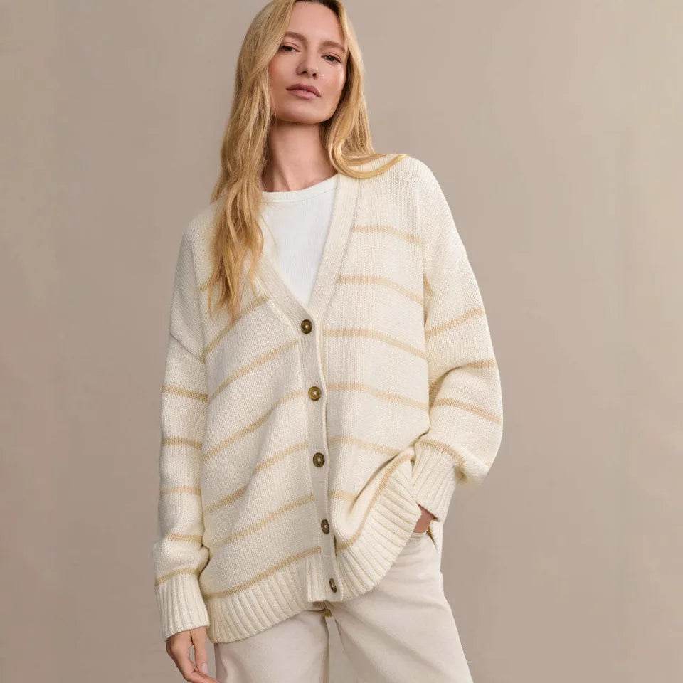Casual Stripe Knitted Cardigan For Women 2025 Autumn Winter Single Breasted V-Neck Sweater Female Loose Coat - AIAZ