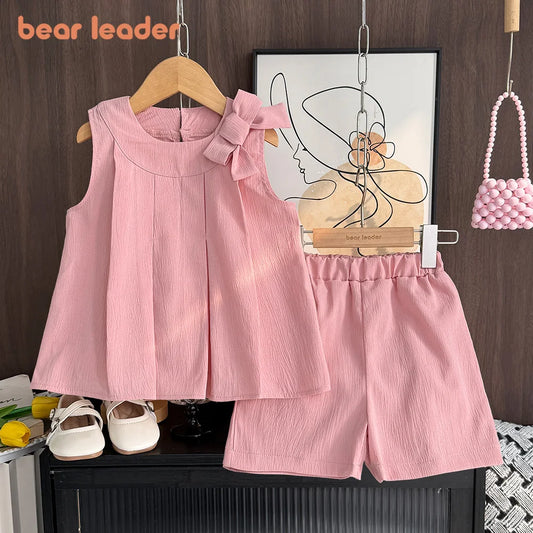Bear Leader Sweet Pink Girls Clothes Summer Sleeveless Bow Decoration Pleated Vest+Shorts 2Pcst Olid Color Casual Children's Set