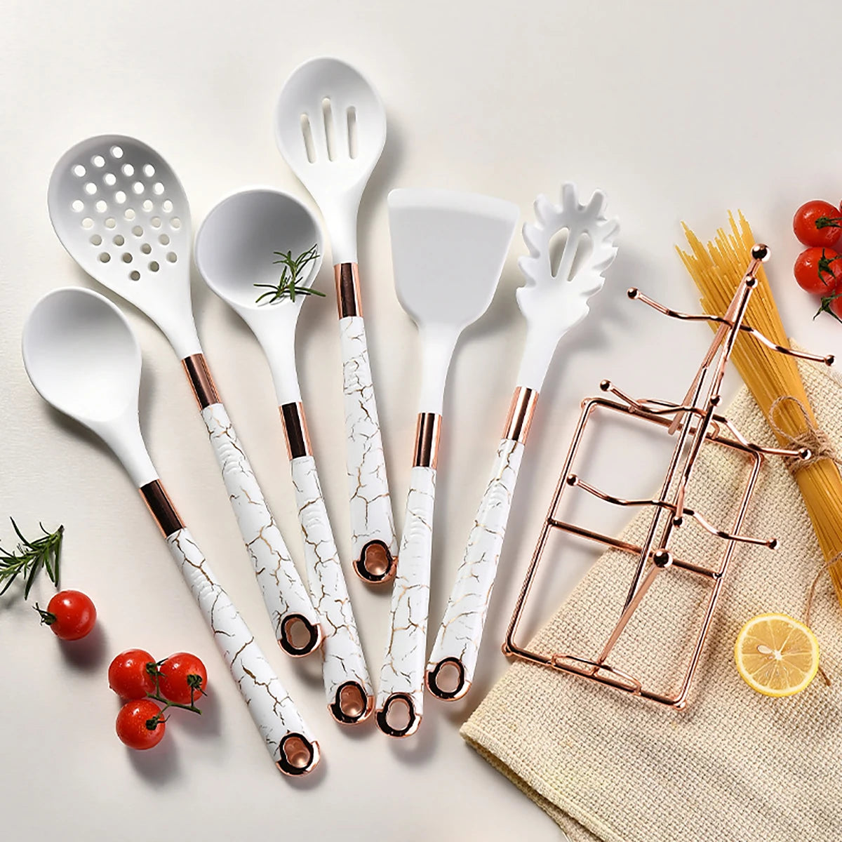 8pcs Silicone Kitchenware Set Pot Shovel Soup Spoon Spaghetti Claw Cooking Set with Storage Rack Household Kitchen Tools Set