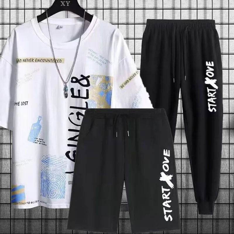 Trendy short-sleeved t-shirt youth quick-drying sports shorts three-piece summer men's casual thin student suit - AIAZ