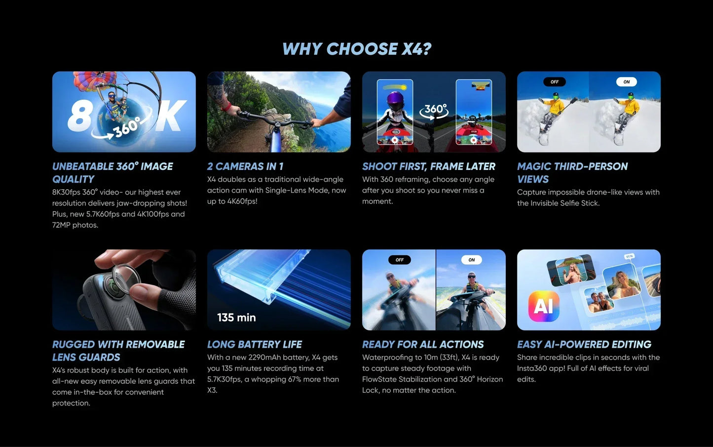 Insta360 X4 - 8K Waterproof 360 Action Camera, Waterproof, 4K Wide-Angle Video, Removable Lens Guards, Support Dropshipping