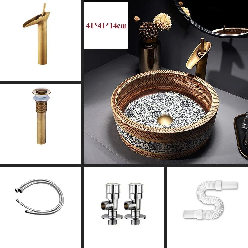 41*41*14cm European style Ceramic Washbasin Retro Printing Bathroom Sink Countertop Round Bowl Basin with Hardware Faucet Set