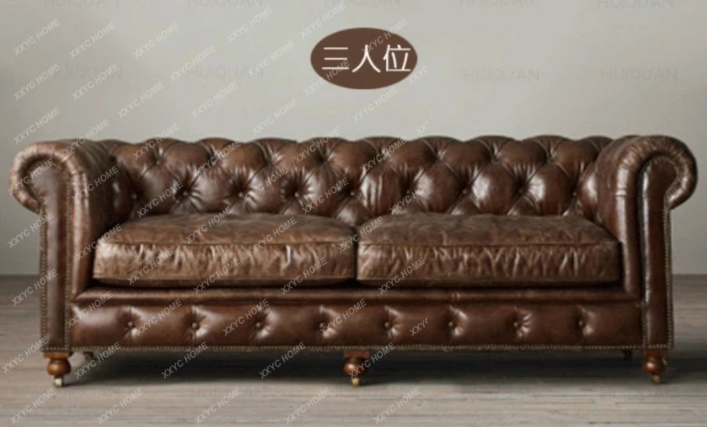 Imitation Oil Wax Leather Vintage Style Roll Arm Chesterfield Sofa Living Room Furniture de Salon