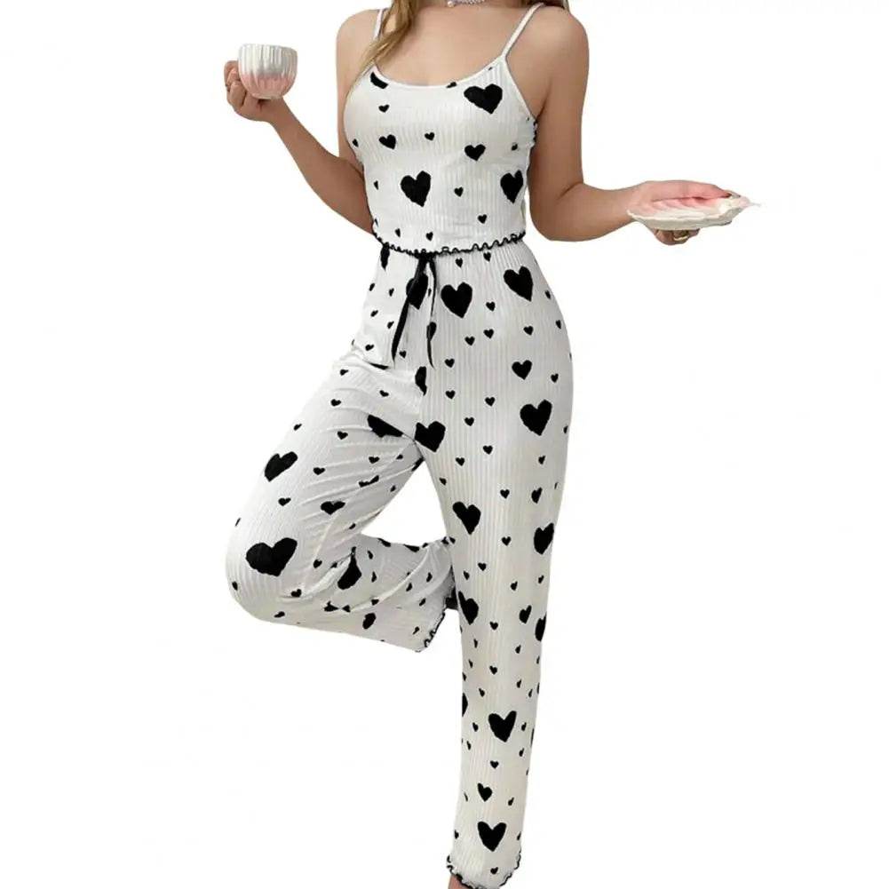 2 Pcs/Set Women Vest Pants Suit Bow Heart Print Sleeveless Shirring Edge Top High Waist Trousers Summer Cotton-blend Pajama Set - AIAZ