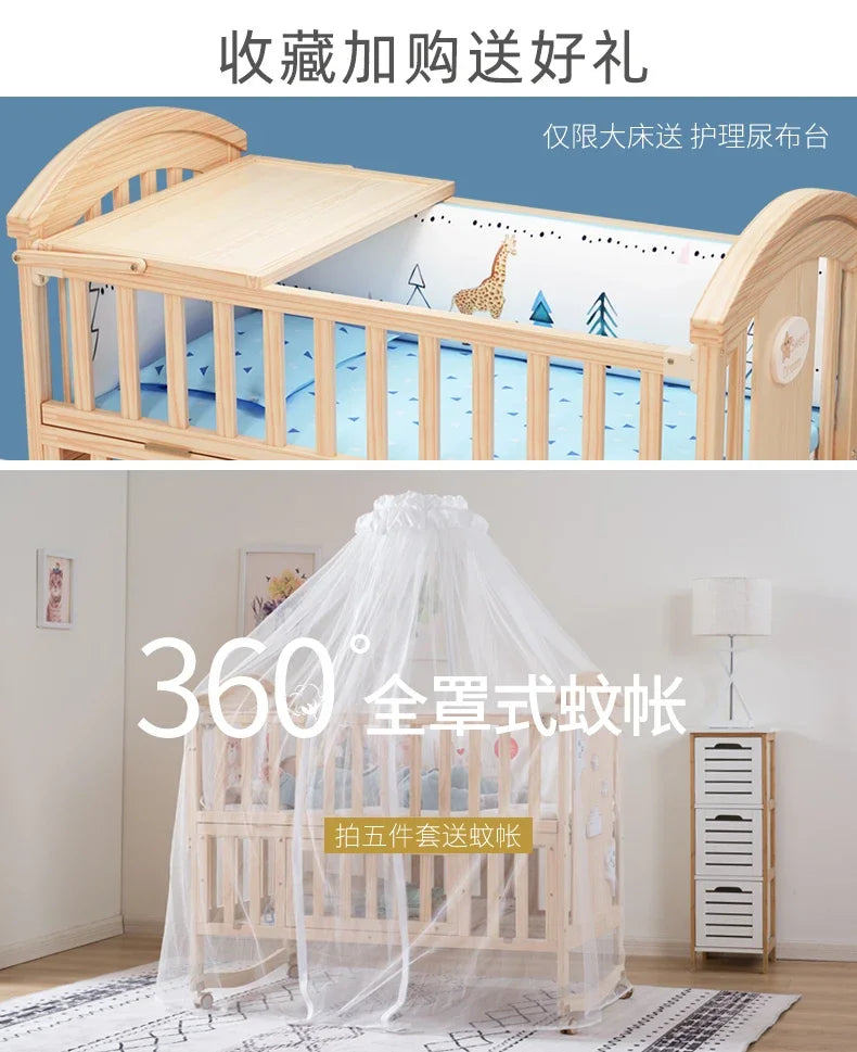 Baby Crib Multifunctional BB Baby Crib Solid Wood Unpainted Cradle Bed Movable Newborn Children Splicing Large Bed